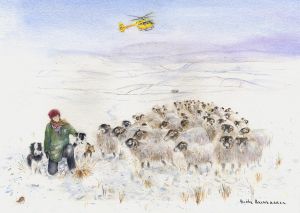 shepherdess and sheep Xmas Card
