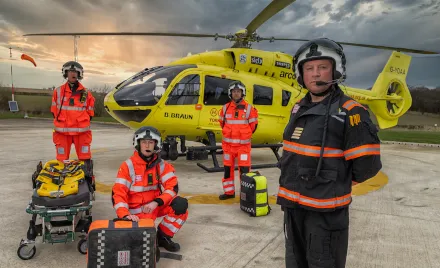 Image of Yorkshire Air Ambulance Doctor and Paramedics in front of helicopter