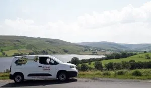 Yorkshire Air Ambulance fundraising van with body of water behind