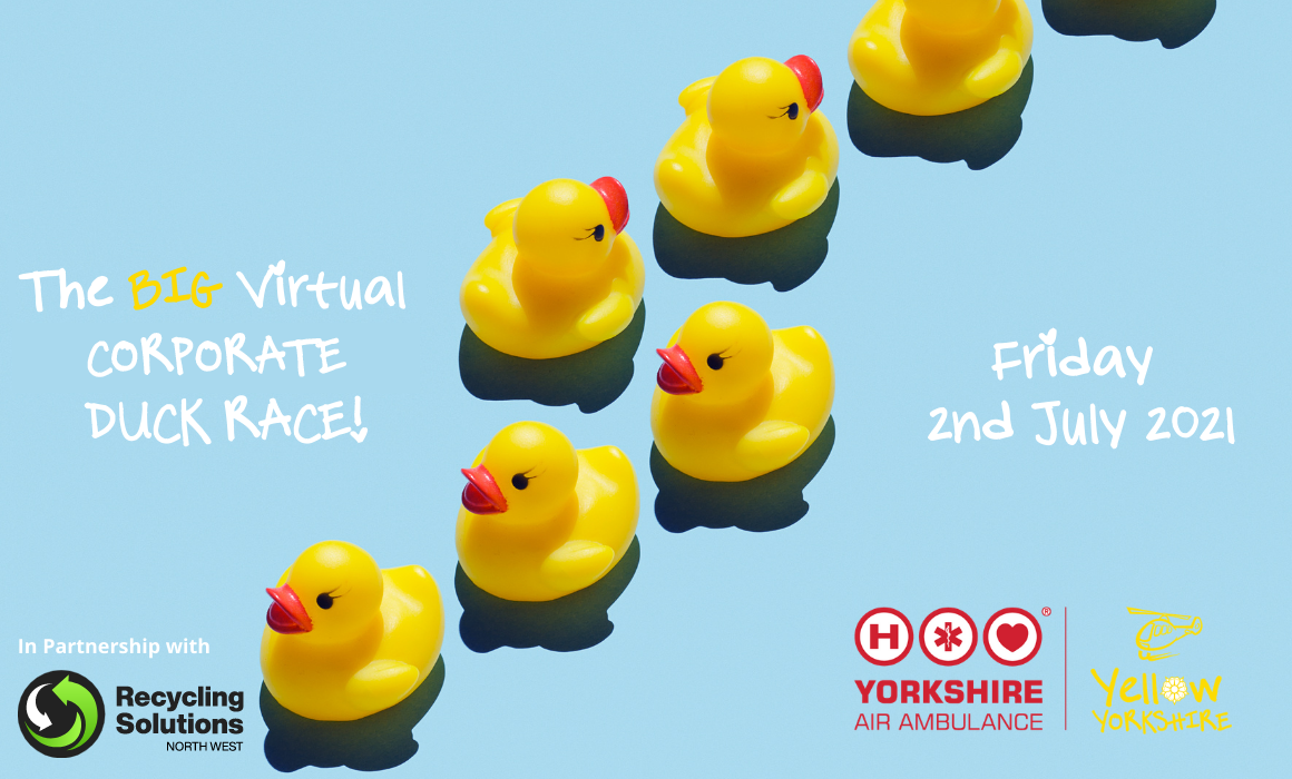 Image of rubber ducks with details of the Yorkshire Air Ambulance Big Virtual Duck Race 2021