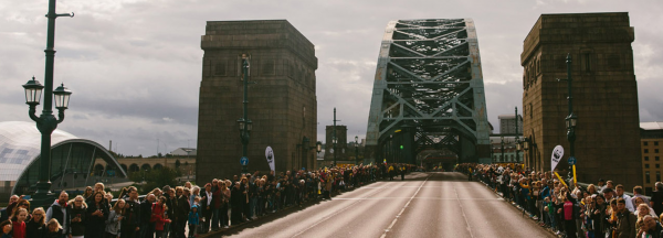 Supporters on either side of the Tyne Bridge, to cheer on runners in the Great North Run
