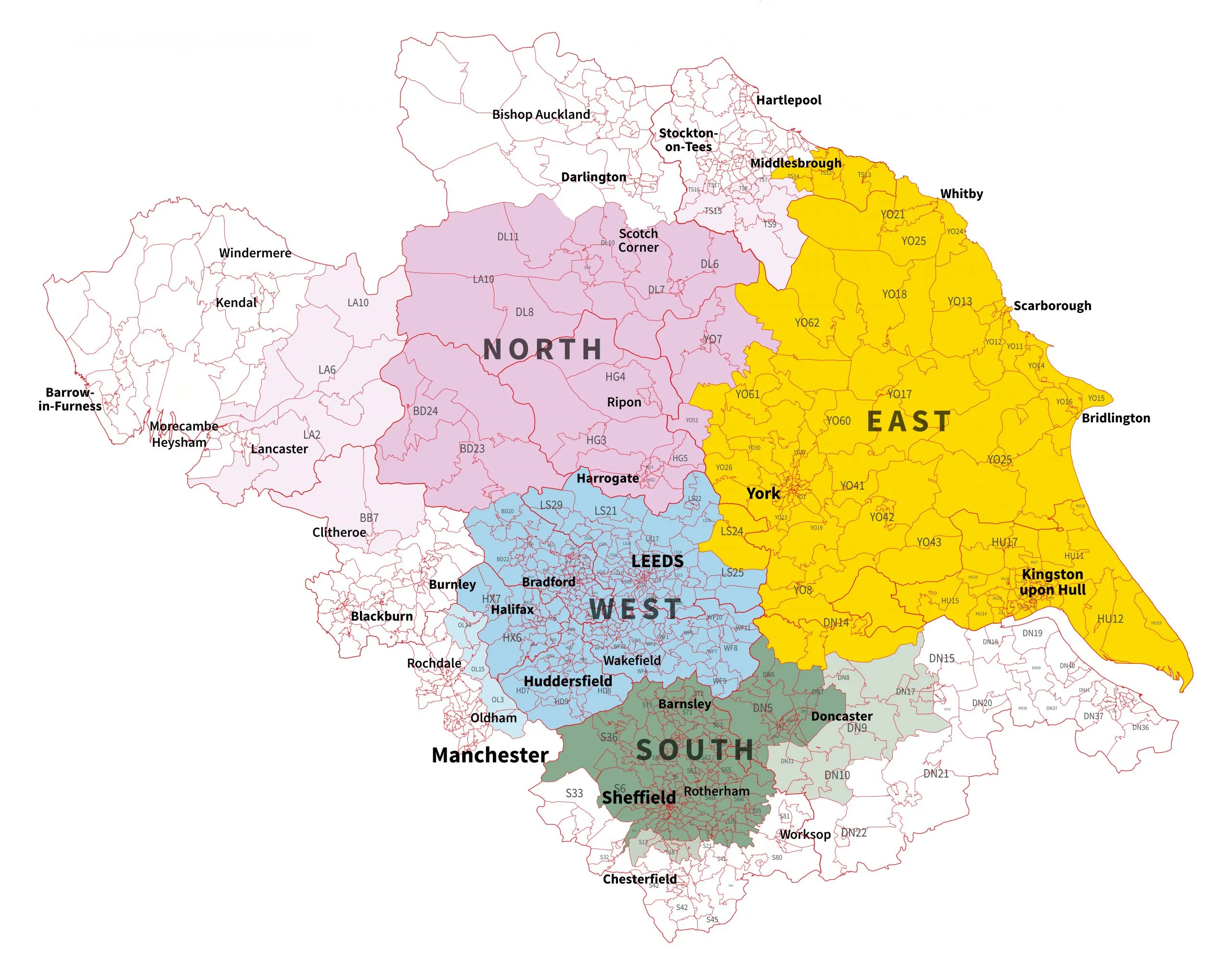 A map showing the Yorkshire Air Ambulance fundraising regions