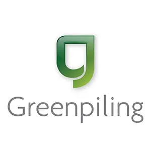 A green 'g' in the centre of a white square, with the words 'Greenpiling' in grey underneath the 'g'