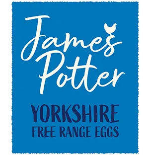 The words 'James Potter' in white and 'Yorkshire Free Range Eggs' in black on a blue background.
