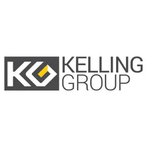 A grey rectangle with a white 'K' and a white and yellow 'G' inside it. Next to which, on the right, are the words 'KELLING GROUP' in grey.