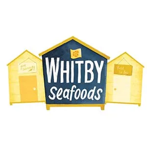 An illustration of three beach huts on a white background. The huts on the left and right are yellow with doors painted. The hut in the middle is blue, with a yellow roof and has the words 'Whitby Seafoods' painted in white on the front and a red and yellow flag above the wording.
