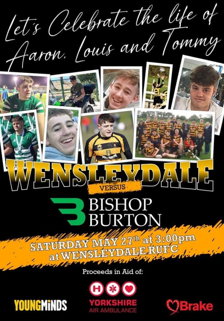 A charity rugby match poster with a black background. The poster features various images of 3 young males.