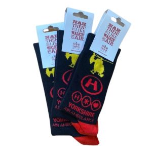 3 pairs of black and red socks with Yorkshire Air Ambulance logo