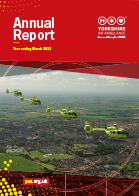 Front cover of a booklet, with the words Annual Report and an image of four yellow helicopters flying over green fields