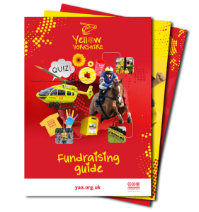 Front cover of a Fundraising Guide. It has a red background and various images including a yellow helicopter, a race horse, and a yellow t-shirt.
