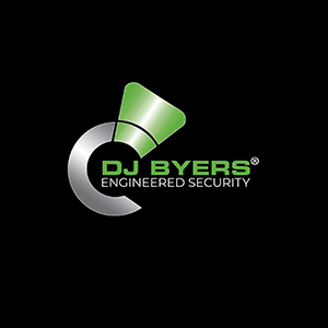 A green and silver logo on a black background. The logo contains the wording DJ BYERS ENGINEERD SECURITY.