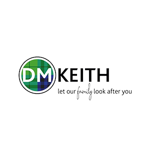 Company Logo with the letters DM in a green and blue circle followed by KEITH. Underneath it says let our family look after yours.