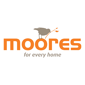 A company logo featuring a small grey bird and the word 'moores' in orange, and 'for every home' in grey underneath.
