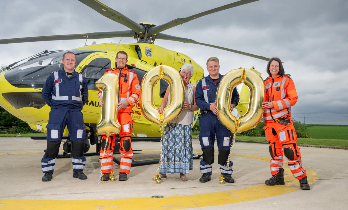 A group of people are standing in front of a yellow helicopter, holding gold balloons. There are a '1' and two '0' balloons. Some of the people are wearing flight suits.