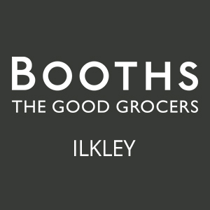 White logo which says 'BOOTHS THE GOOD GROCERS ILKLEY' on a dark grey background