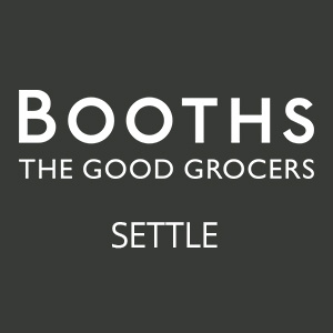 White logo which says 'BOOTHS THE GOOD GROCERS SETTLE' on a dark grey background