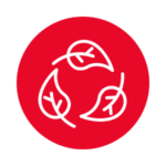 A red circle with three white leaf icons in a circle, representing sustainability.