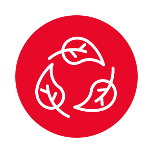 A red circle with three white leaf icons in a circle, representing sustainability.