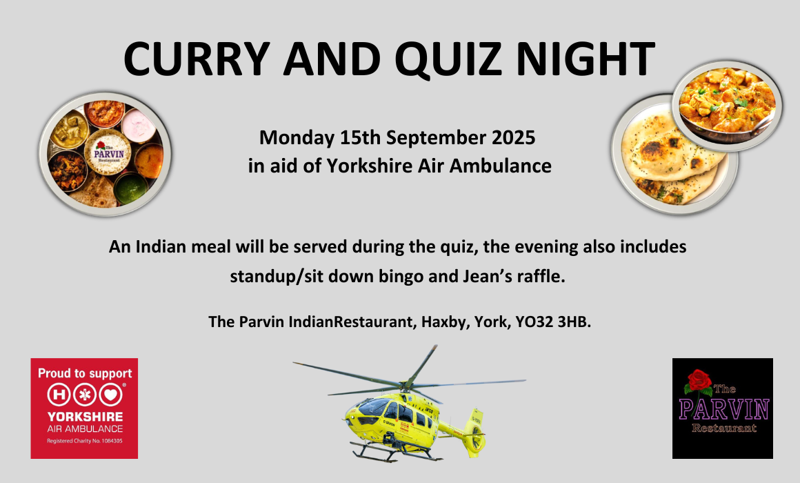 Graphic advertising a charity Curry and Quiz night. Features images of Indian food a yellow helicopter.