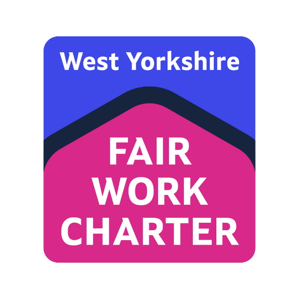 Fair Work Charter 600 x 600 px A square logo with rounded corners. The logo is purple and pink and contains the words West Yorkshire FAIR WORK CHARTER.