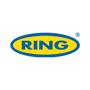 Yellow lozenge shape logo with a blue outline and the word RING in blue in the centre.