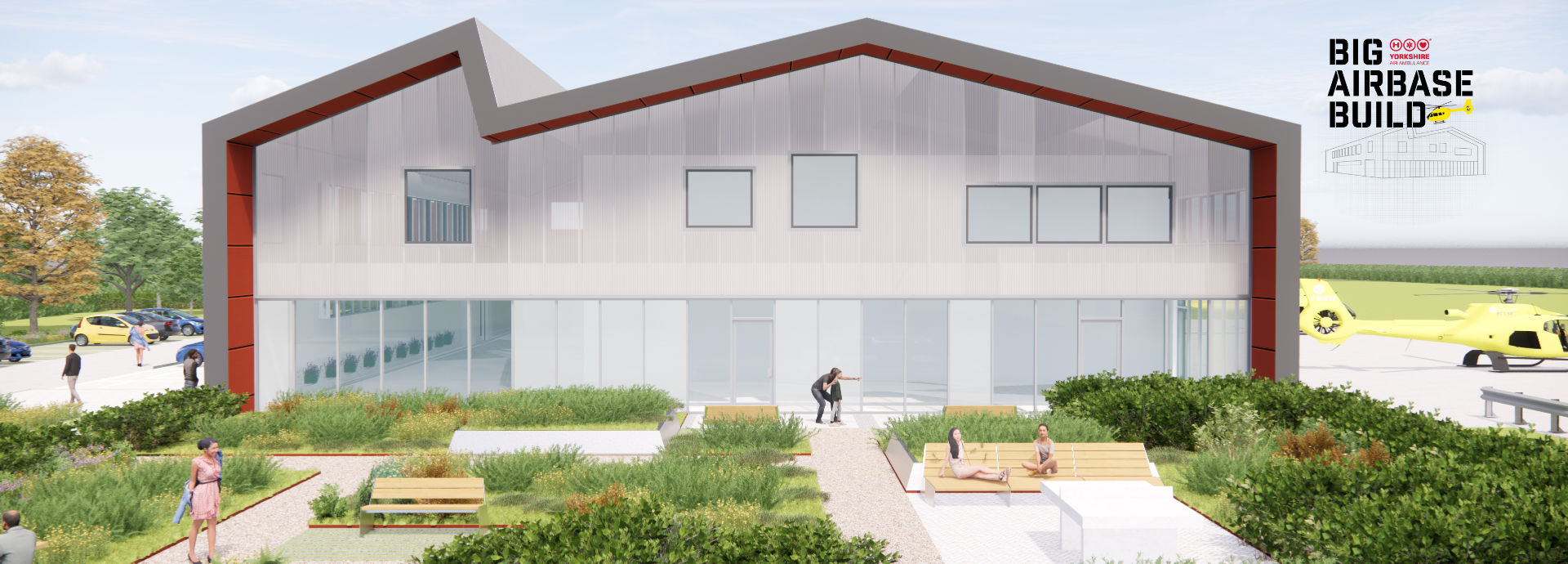 An architects impression of a building, with some trees and bushes. There is a yellow helicopter on the right hand side. There is a logo in the top right corner which says Big Airbase Build and has an architects sketch of a building and a yellow helicopter.