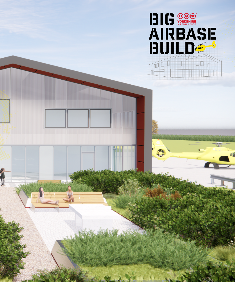 An architects impression of a building, with some trees and bushes. There is a yellow helicopter on the right hand side. There is a logo in the top right corner which says Big Airbase Build and has an architects sketch of a building and a yellow helicopter.