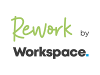 A logo with the word 'Rework' in green and then 'by Workspace' in dark grey
