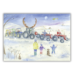A wintery image of a line of tractors, each adorned with coloured lights. The lead tractor is being driven by Santa. One of the tractors has large reindeer antlers on the top of it. There is a yellow Yorkshire Air Ambulance helicopter in the sky and there is a person, with two children and a dog stood watched the tractors go by. 