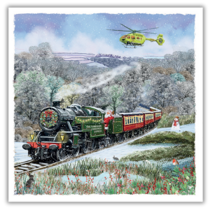 A wintery image of a steam train travelling through trees and snow covered ground. Santa is leaning out from the foot plate of the train waving. There is a yellow Yorkshire Air Ambulance helicopter in the sky.