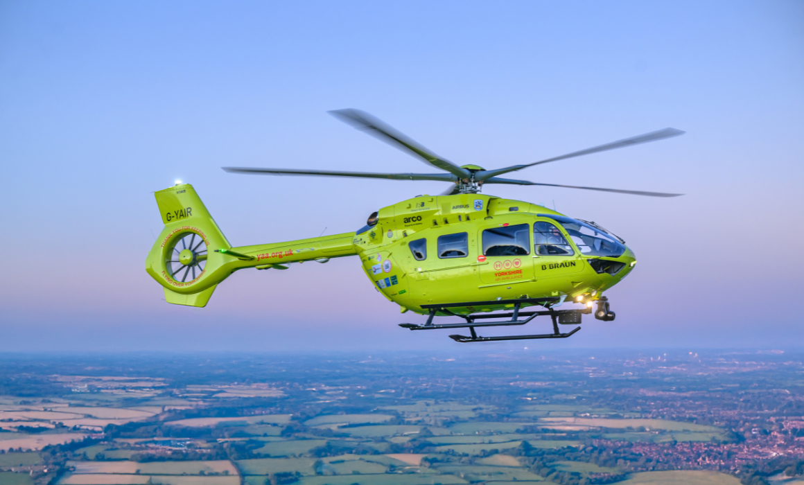 A yellow Yorkshire Air Ambulance helicopter flying through the skies above Yorkshire