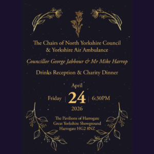 A graphic with gold writing on a black background giving details of a charity dinner.