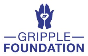 Gripple Foundation logo Blue company logo with an illustration of two hands and the words 'GRIPPLE FOUNDATION'