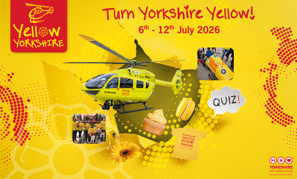 Yellow Yorkshire 2026 – Web Event Image A yellow graphic with various yellow items, including a yellow helicopter. The words 'Turn Yorkshire Yellow' are in red at the top.