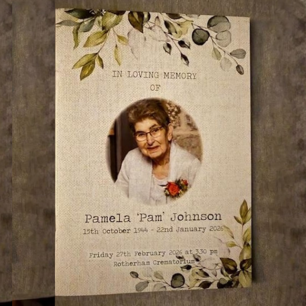 Memorial card featuring a portrait of Pamela ‘Pam’ Johnson surrounded by floral illustrations, with funeral details including dates and service information for Rotherham Crematorium