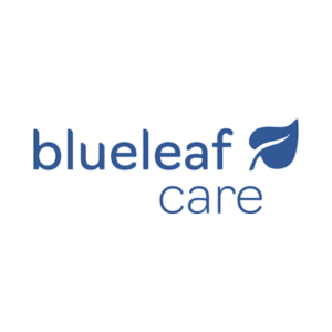 A blue logo with the words 'blueleaf care' and a image of a leaf.