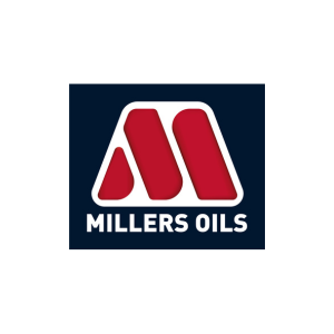 Black, red and while logo with a large 'M' and the words 'MILLERS OILS'