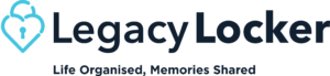 Legacy Locker Logo - Navy & Teal (Tagline Variant) Company logo with a blue heart shaped padlock outline and the words 'Legacy Locker Life Organised, Memories Shared'