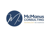 A blue company logo with the words 'McManus CONSULTING TECHNOLOGY AS A SERVICE'
