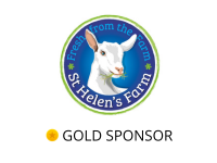 A round logo with a blue background and a green boarder. There is a white goat in the middle chewing grass, and round the outside are the words 'Fresh from the Farm St Helen's Farm'
