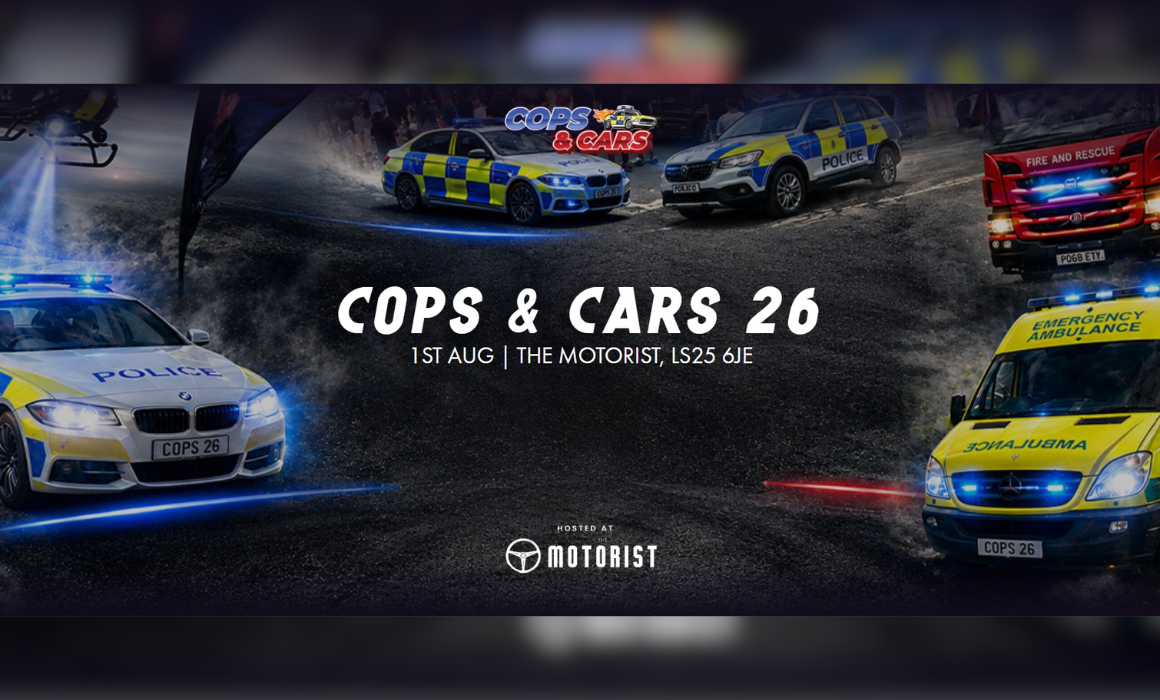 A graphic featuring images of emergency services vehicles, advertising an event called 'Cops & Cars '
