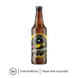 A bottle of beer featuring a black and yellow label, which includes a yellow helicopter and the word 'Northstar'