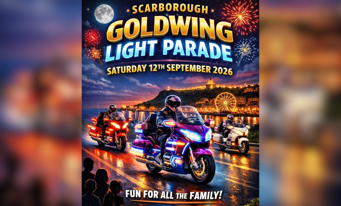 A graphic showing motorbikes with the words 'Scarborough Goldwing Light Parade. Saturday 12th September 2026. Fun for all the family.'