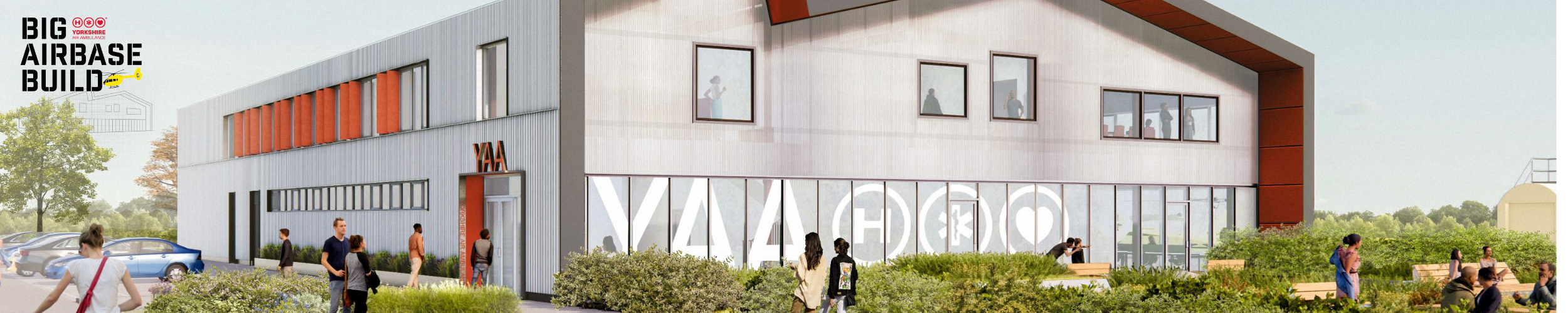 BAB Webpage Header 2500 x 500 px A computer generated impression of a building with people walking in front of it and lettering on the windows. There is a logo in the top left which saying BIG AIRBASE BUILD.