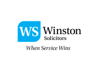 Blue and black company logo, with the letters WS and the words Winston Solicitors When Service Wins