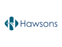 Blue company logo with the word 'Hawsons'
